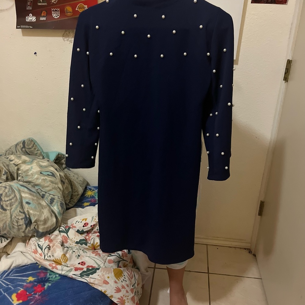 Beaded detail navy blue dress